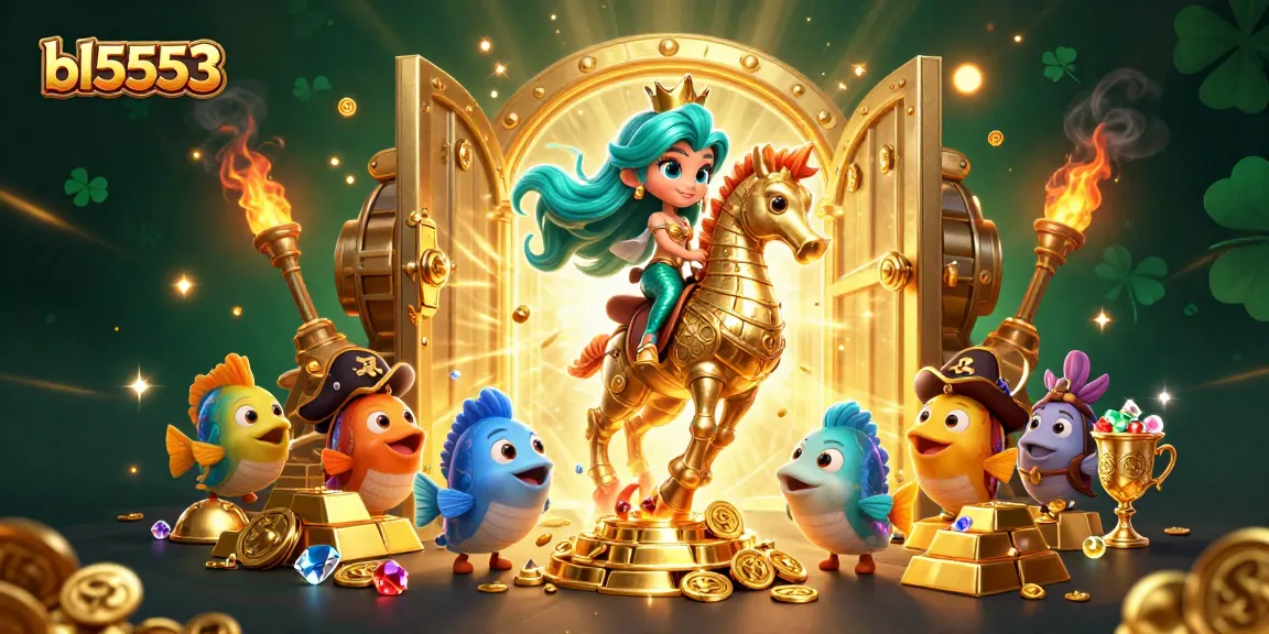 Engage with bl5553's thrilling casino games amidst treasures in a vibrant 3D scene.