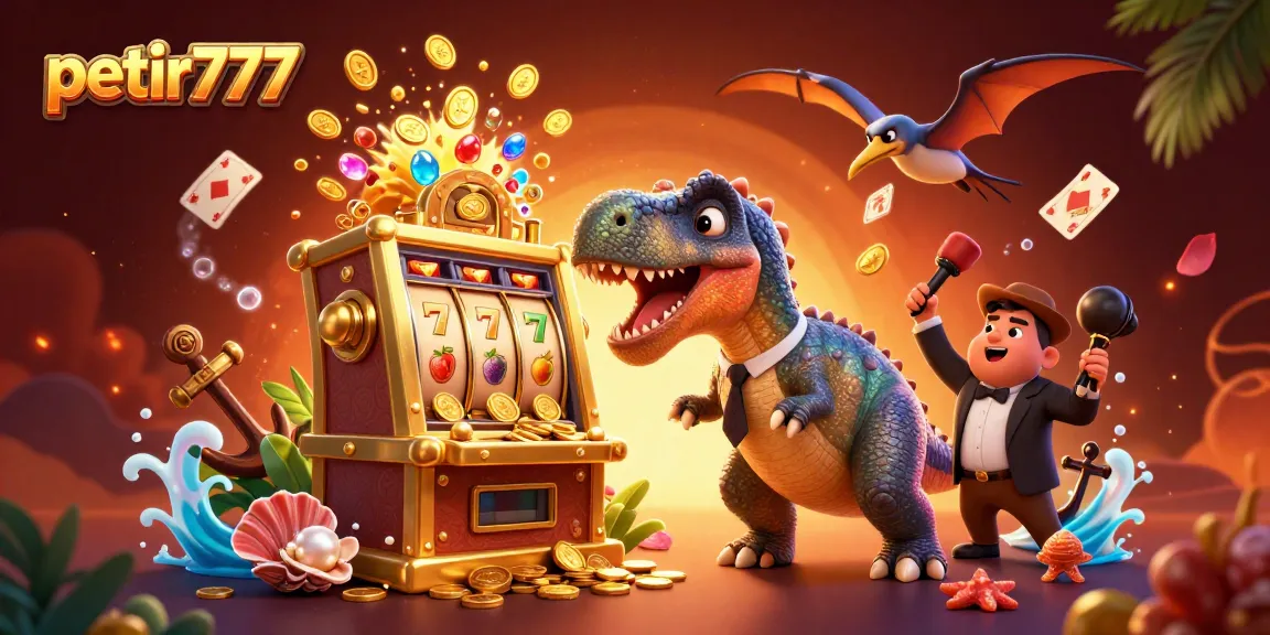 Experience petir777 as characters interact with a golden slot machine in a vibrant digital gambling world.