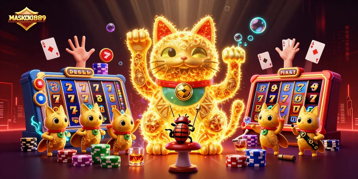 Experience MASKOKI889's vibrant casino scene with golden fireflies and lively gaming elements.