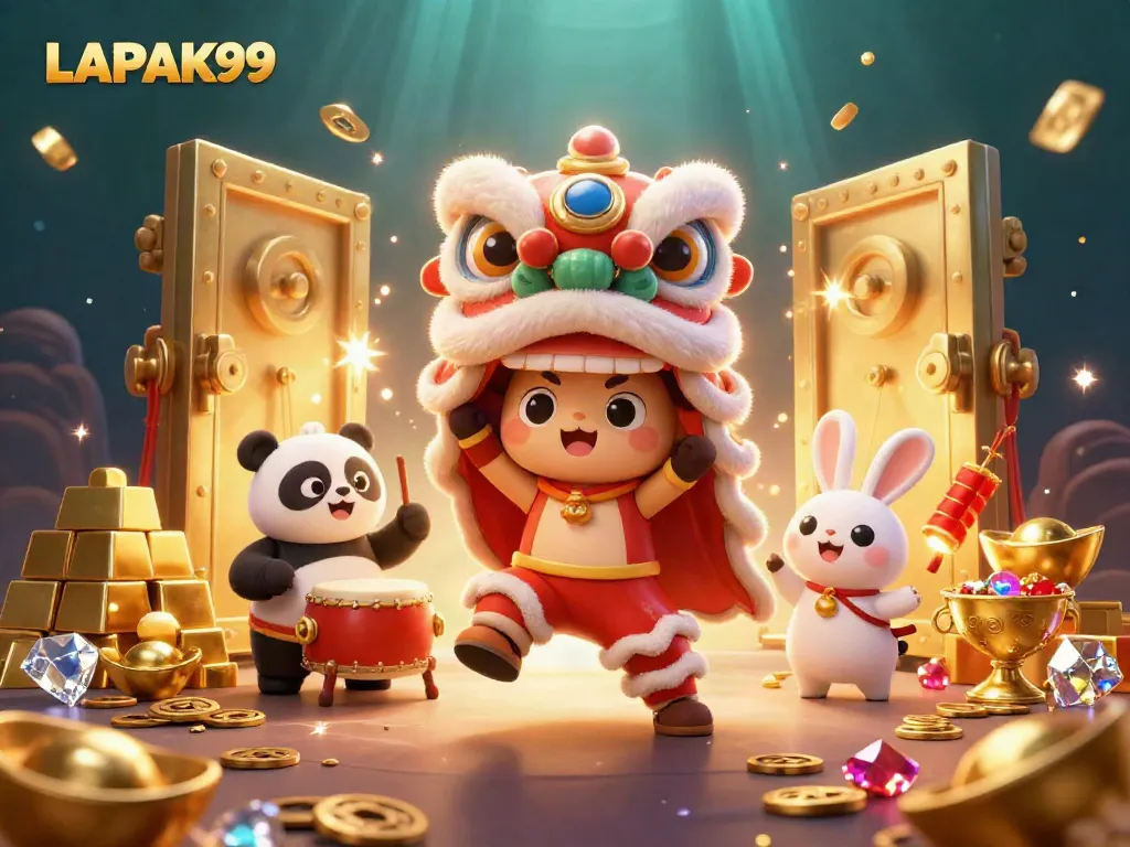 Explore LAPAK99's vibrant casino world with festive characters amidst treasure and golden gems.