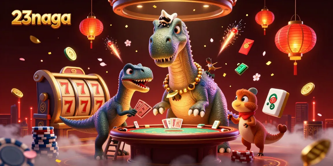 Engage in thrilling gameplay with 23naga, surrounded by vibrant casino elements and characters.