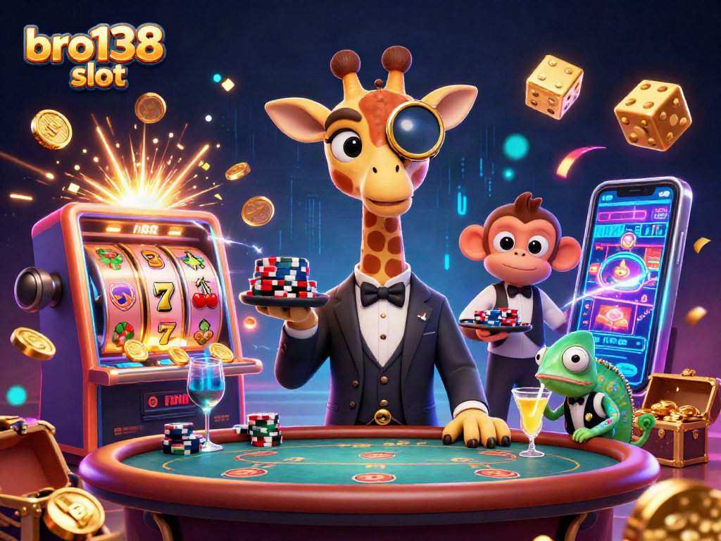 Spin the bro138 slot for big wins in this playful casino illustration featuring a giraffe and monkey!