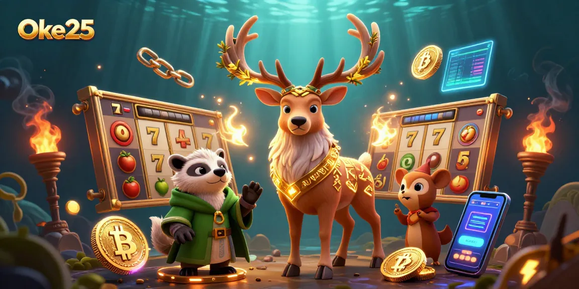 Ikon Oke25 saat memutar reel slot dengan simbol kemenangan yang bersinar.