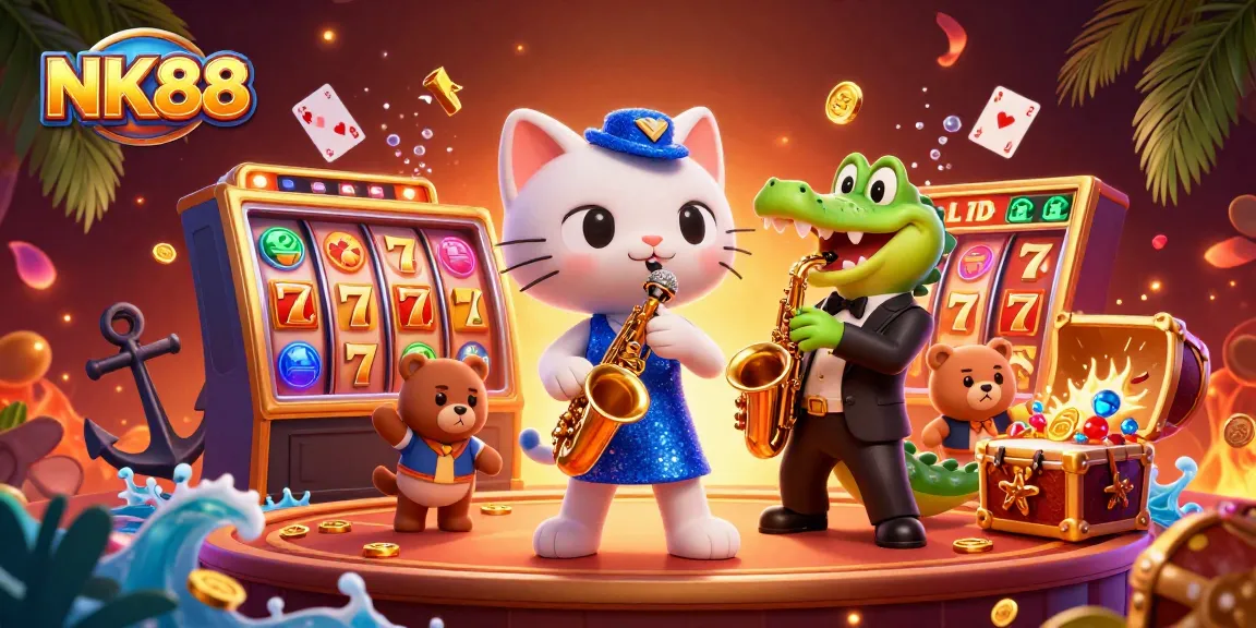 Engage with NK88's thrilling slots through an animated illustration featuring jazz cat performers.