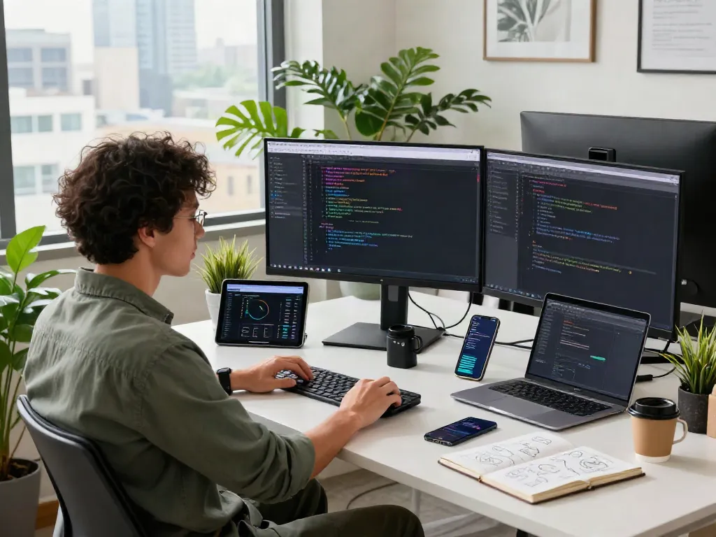 Workspace modern dengan perangkat lunak diana4d, pengembang sedang bekerja di meja dengan beberapa layar, suasana produktif.