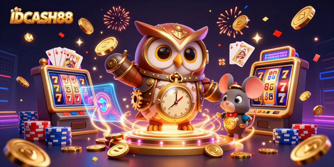 Spin to win with IDCASH88, featuring a vibrant 3D owl and a clockwork character in a fantasy casino scene.