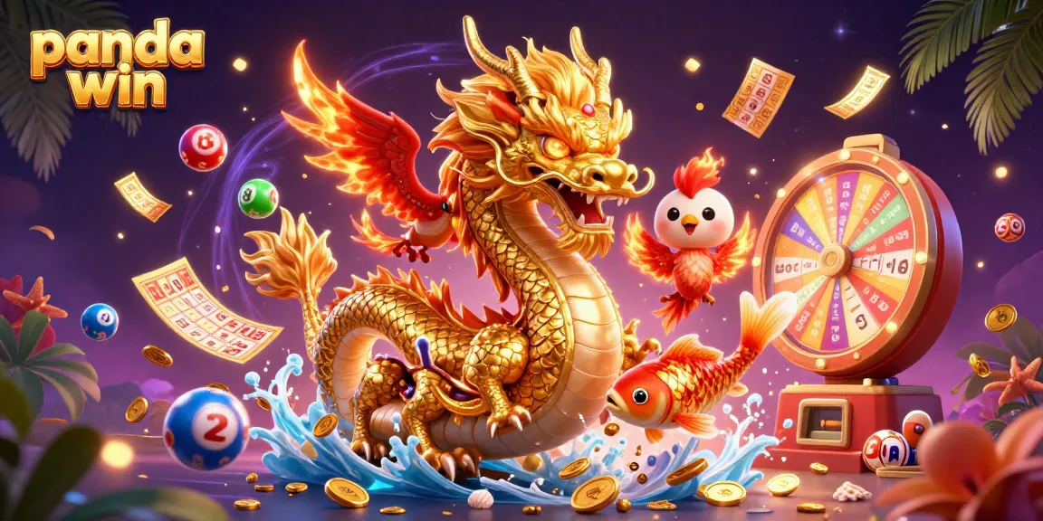 Experience the thrill of panda win with a vibrant 3D illustration featuring a golden dragon, phoenix, and koi fish.