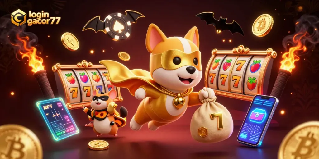 Masuk dan nikmati keseruan bermain di login gacor77 dengan simbol slot dan koin emas.