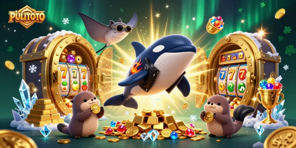 PULITOTO showcases a vibrant casino scene with a whale, stingray, and otters celebrating winnings.