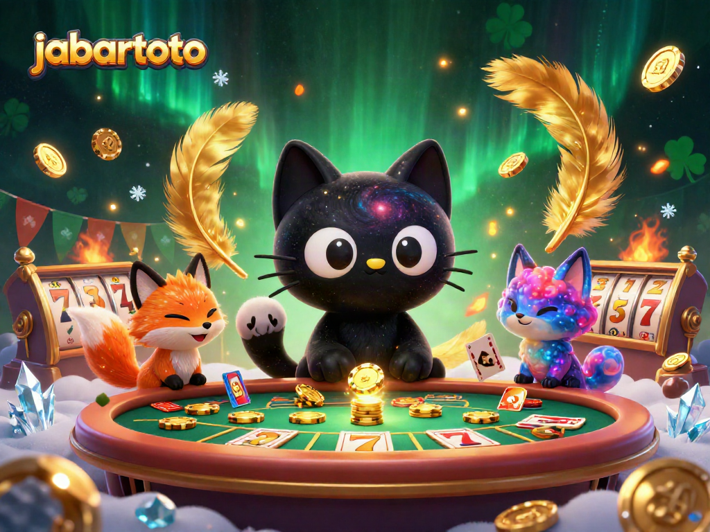 Gambarkan aksi menangkan di jabartoto dengan kucing lubang hitam dan rubah nebula dalam kasino kosmik.