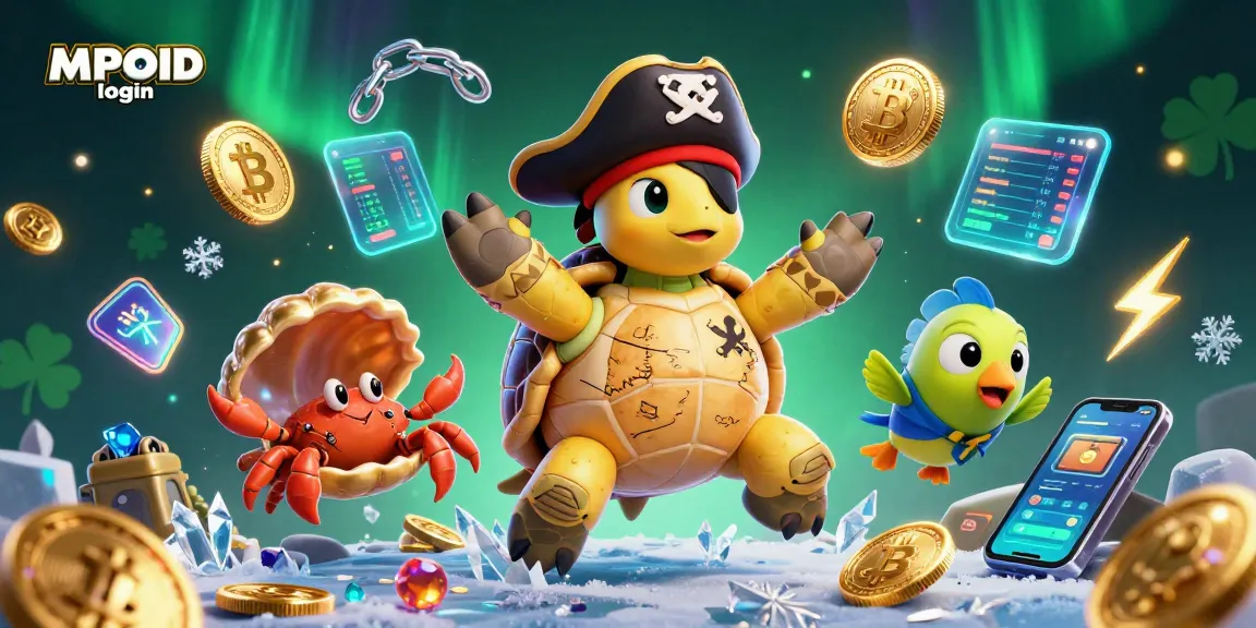 Engage with MPOID login alongside a cartoon pirate turtle in a vibrant underwater treasure scene.