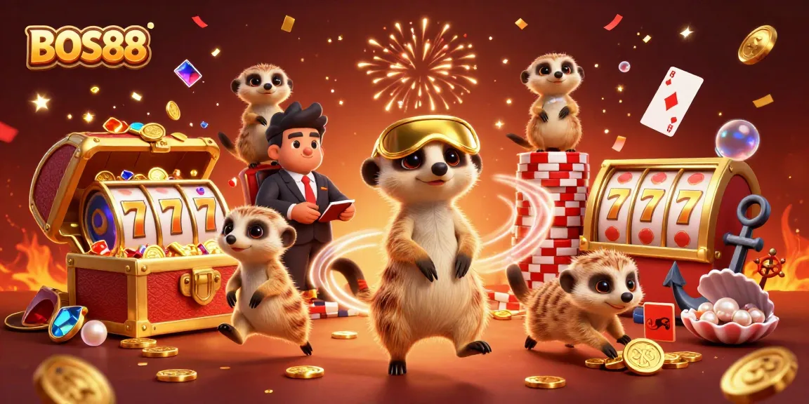 BOS88 mempersembahkan ilustrasi kasino yang meriah dengan koloni meerkat menjalankan permainan slot mengasyikkan.