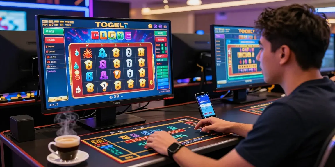 Gamer menggunakan ratutogel di kasino online dengan semangat, dikelilingi grafik berwarna-warni.