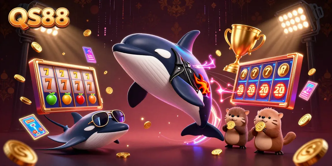 Engage with QS88 casino worlds featuring an orca, stingray, and otters amid dynamic slot machine elements.