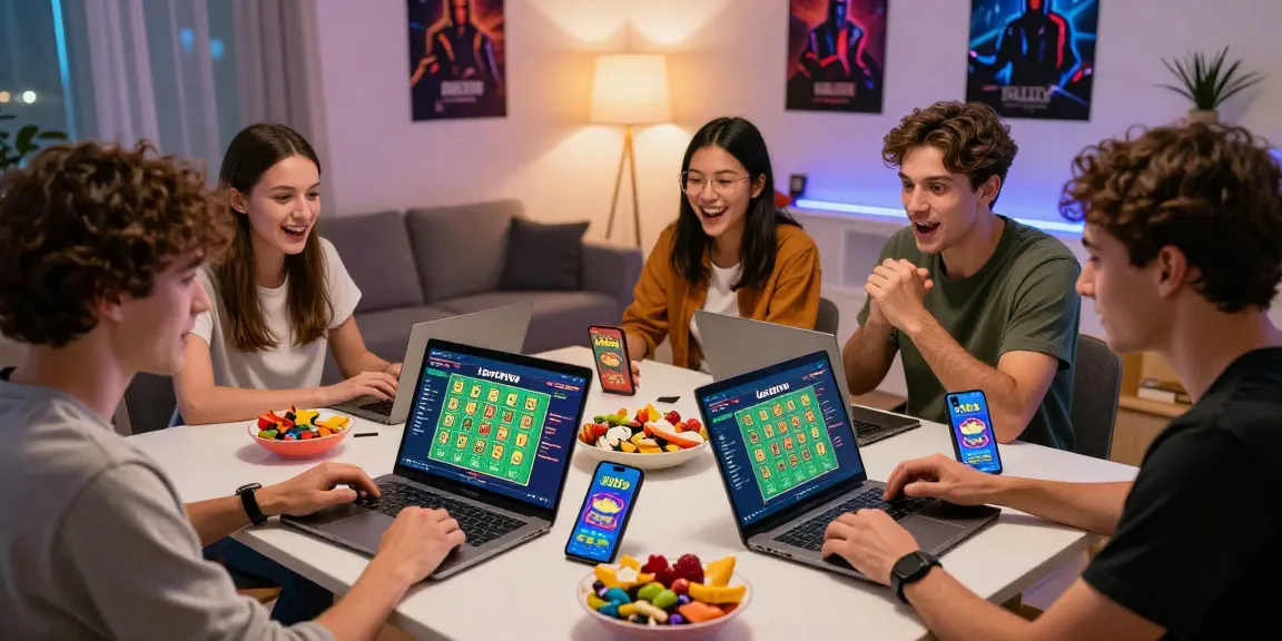 Engaged friends playing levistoto online lottery in a lively living room