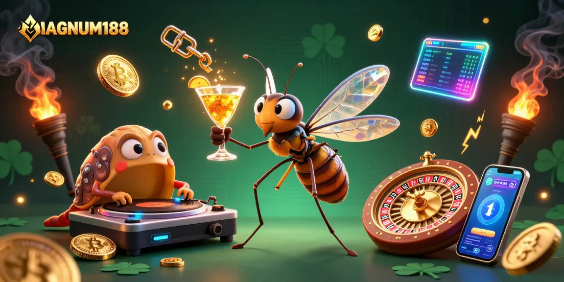 Spin to win with MAGNUM188: a vibrant 3D scene showcasing a casino mascot, DJ, and an ammonite roulette wheel.