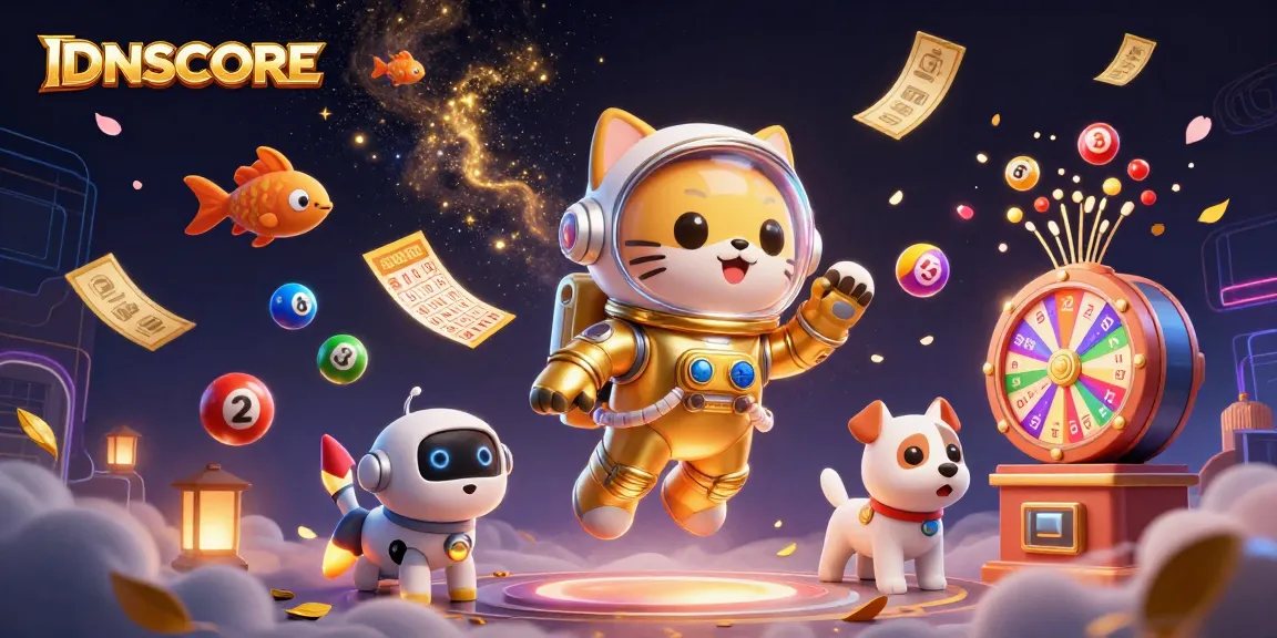 Experience the excitement of IDNSCORE with a colorful, dynamic casino scene featuring games and prizes.