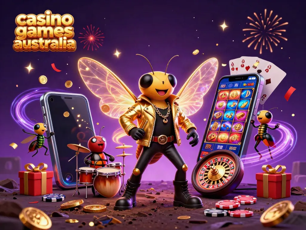 Engaging illustration of casino games Australia featuring a cicada rock star, vibrant gaming elements, and celebratory effects.