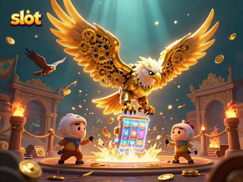 Engage with thrilling slot gameplay in a vibrant 3D depiction featuring a golden eagle and neon elements.