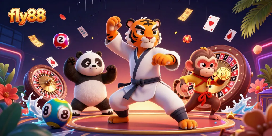 Fly88 features a vibrant casino scene with cartoon tiger, panda, and monkey characters among colorful lottery elements and spinning roulette.