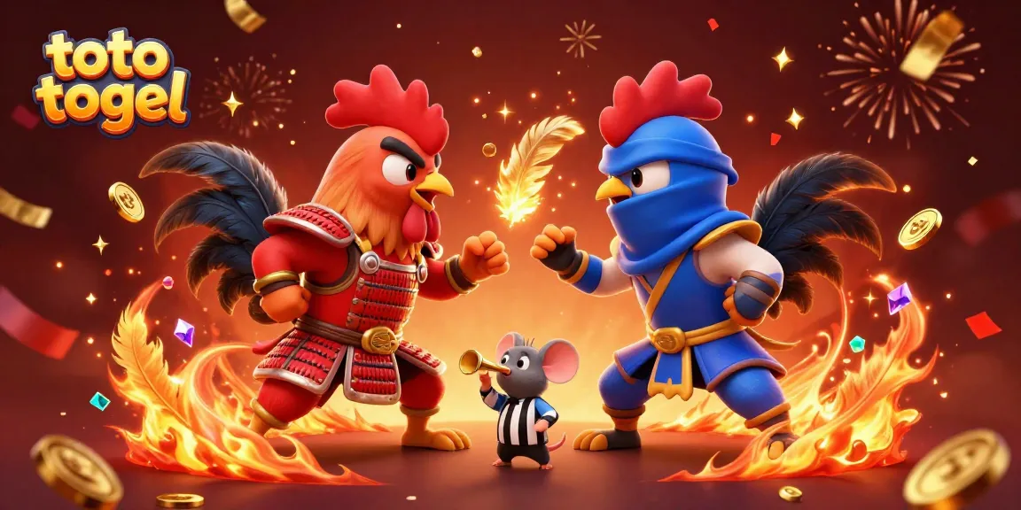 Intense duel between red samurai and blue ninja roosters highlighting toto togel excitement.