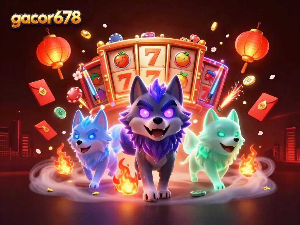 Experience thrilling gameplay with gacor678 as you spin slot reels adorned with vibrant symbols and a mystical shadow wolf.