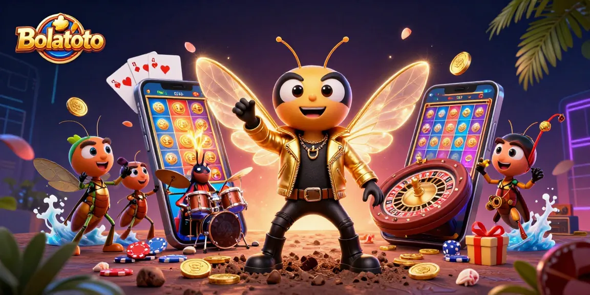 Experience the thrill with Bolatoto's vibrant casino illustration showcasing a rock star and gaming elements.