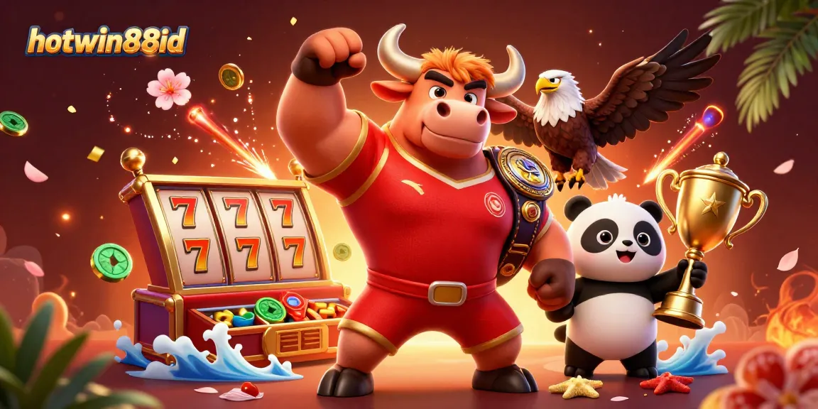 Join the excitement at hotwin88id with a dynamic 3D casino scene featuring unique characters and vibrant gaming elements.