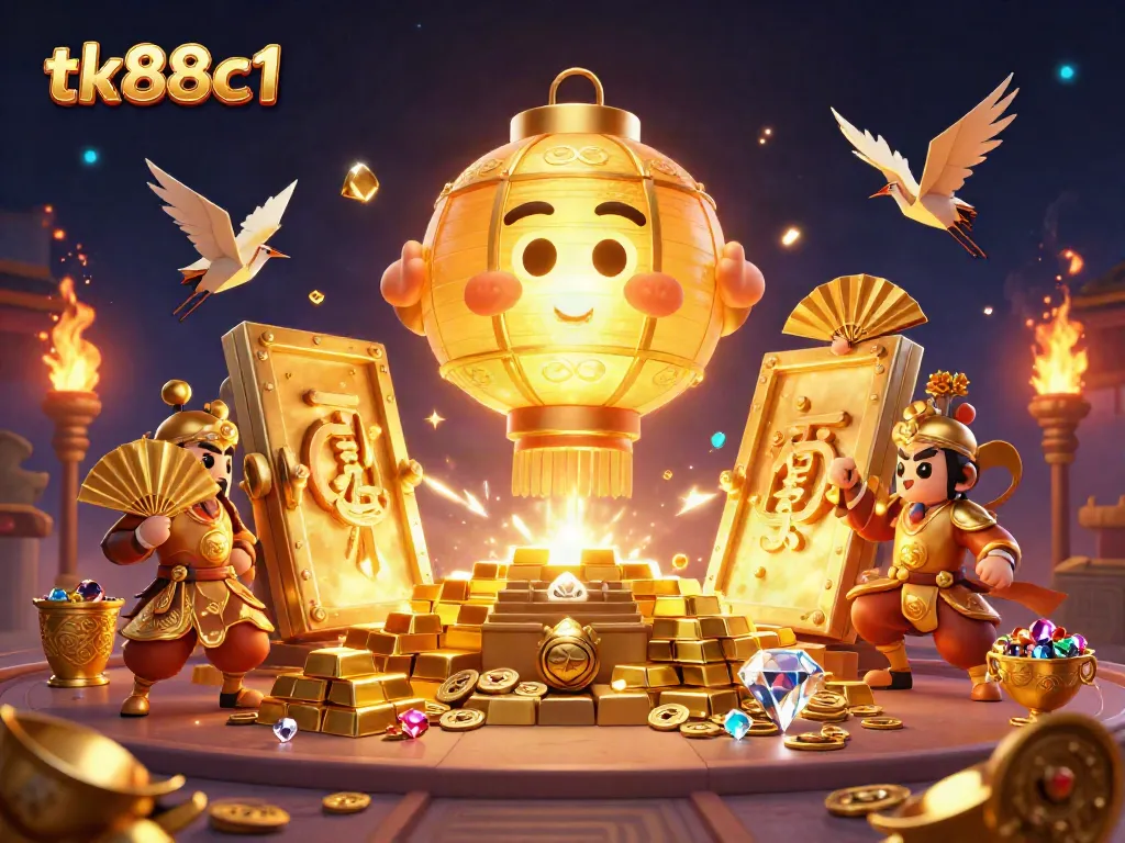 Experience the magic of tk88c1 as a giant golden lantern spirit floats above a vibrant night market casino.