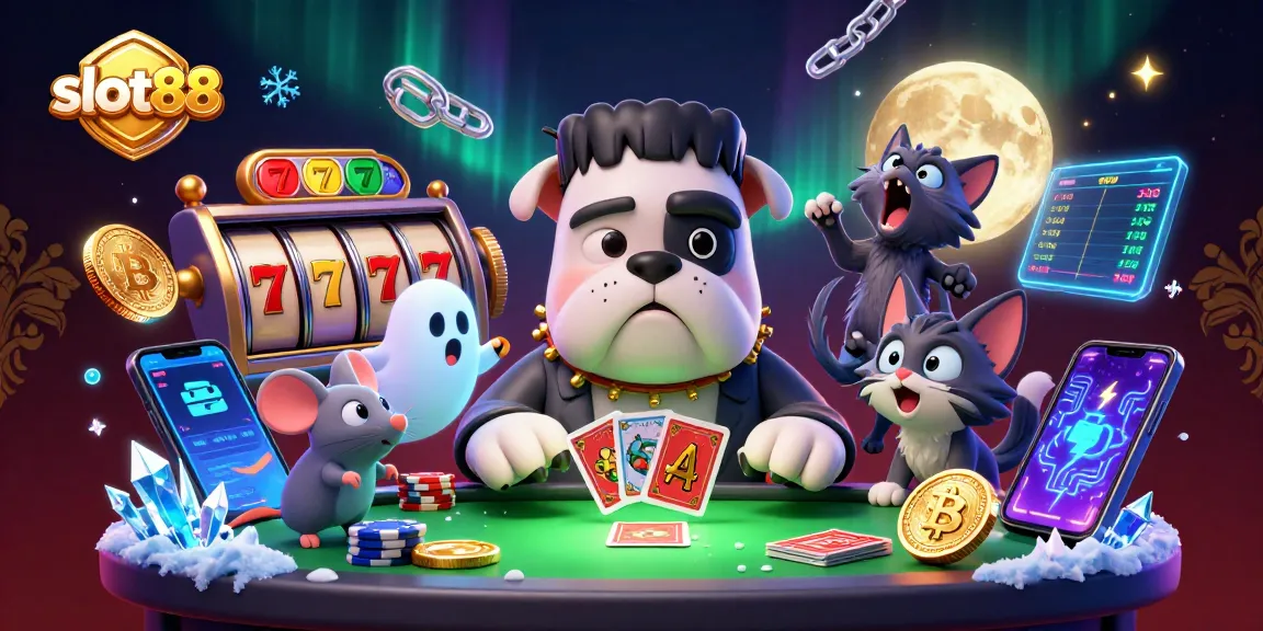 Slot88 menampilkan monster bulldog Frankenstein dan anak kucing werewolf sedangkan bermain di meja kartu dengan latar mewah.