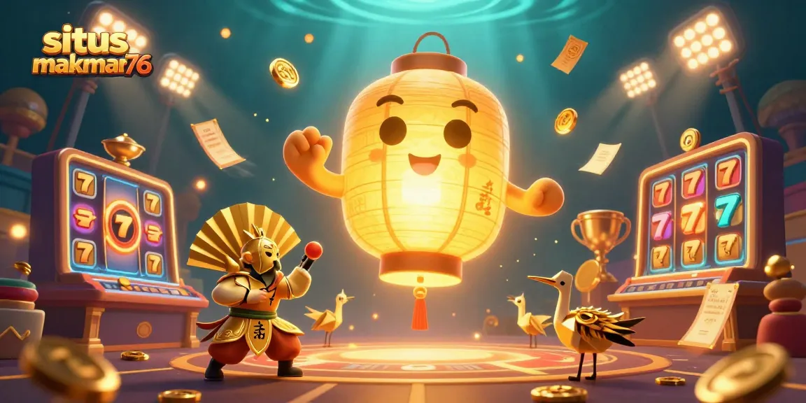 Situs makmur76 showcases a vibrant casino scene filled with winning symbols and dynamic characters.
