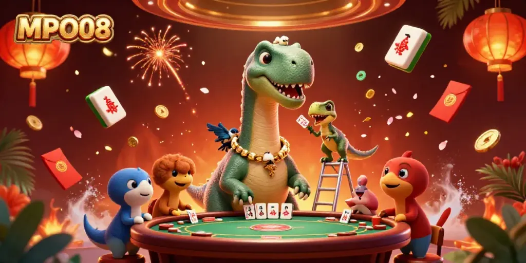 MPO08 showcases a playful scene with a giant brontosaurus and clever raptor engaging players in a vibrant casino setting.