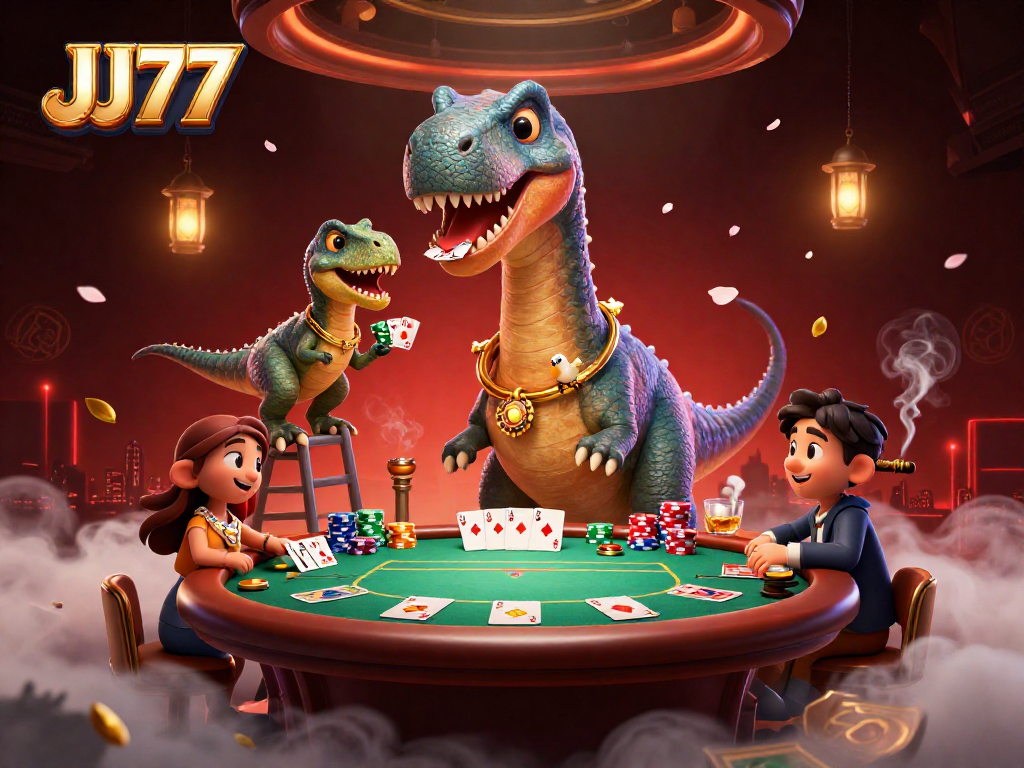 Experience thrilling action at JJ77's vibrant casino with a brontosaurus towering above a poker game.