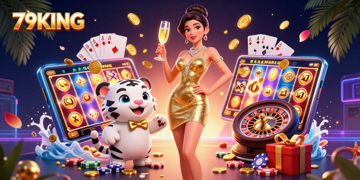 Play exciting games at 79KING, featuring a glamorous woman and a lucky tiger in a vibrant casino setting.