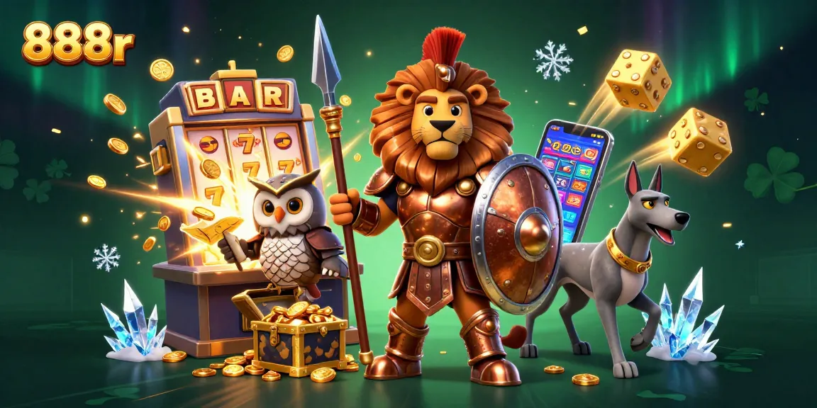 Experience the thrilling action of 888r with a vibrant 3D casino scene featuring a Spartan lion, strategic owl, and swift greyhound.