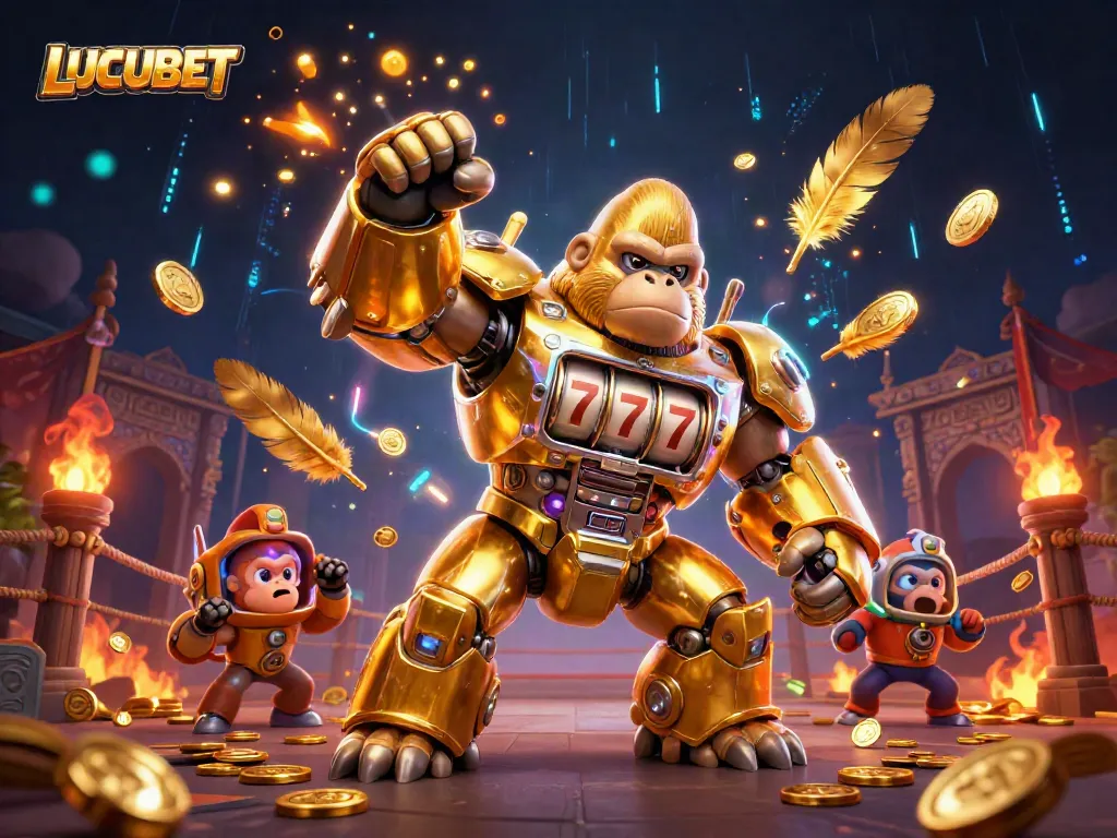 Engage in thrilling gameplay with LUCUBET, featuring an energetic golden gorilla mech and stunning visual effects.