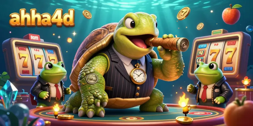 Engage with ahha4d's exciting slots through a vibrant 3D turtle mobster casino scene.