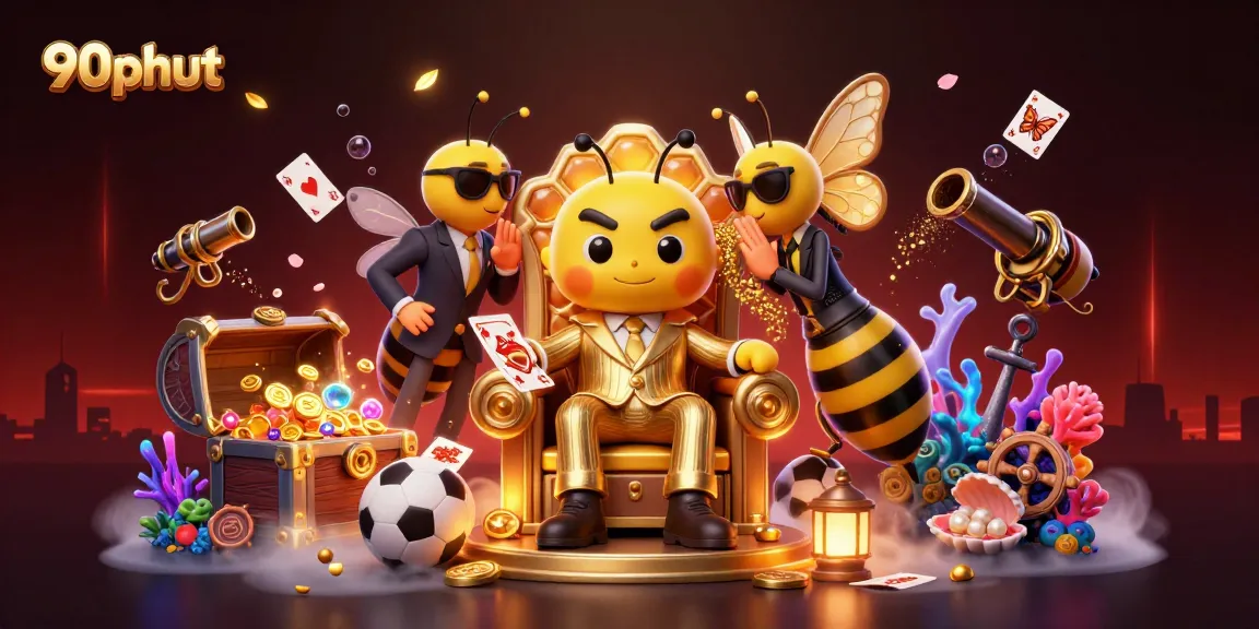 Bet on 90phut with the buzzing mob boss surrounded by sports elements, rich details.