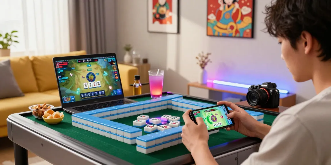 Dynamic CIKA4D gaming scene with player on smartphone and Mahjong tiles.