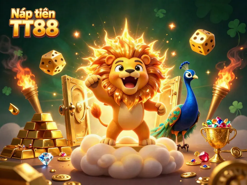 Nạp tiền TT88 with a triumphant sun lion and golden treasures in a dynamic 3D scene.