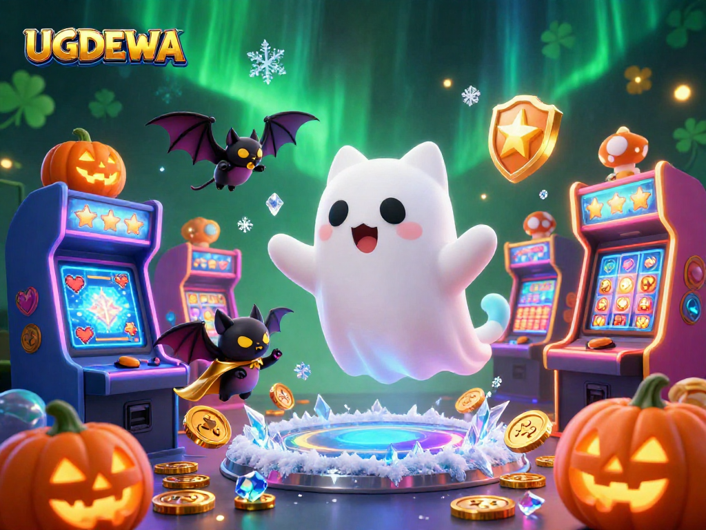 Engage with exciting games at UGDEWA, featuring playful characters and vibrant casino elements.