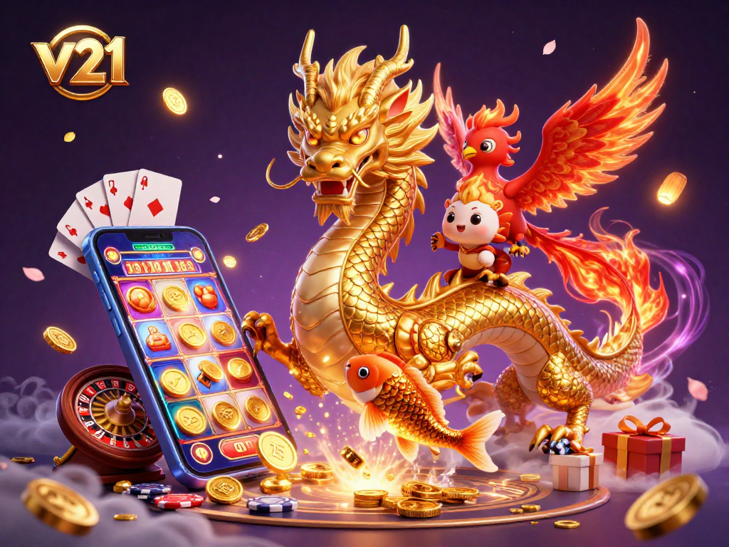 v21 menghadirkan naga emas bersinar dengan ikan koi melompat di atas koin saat bermain slot online yang seru.