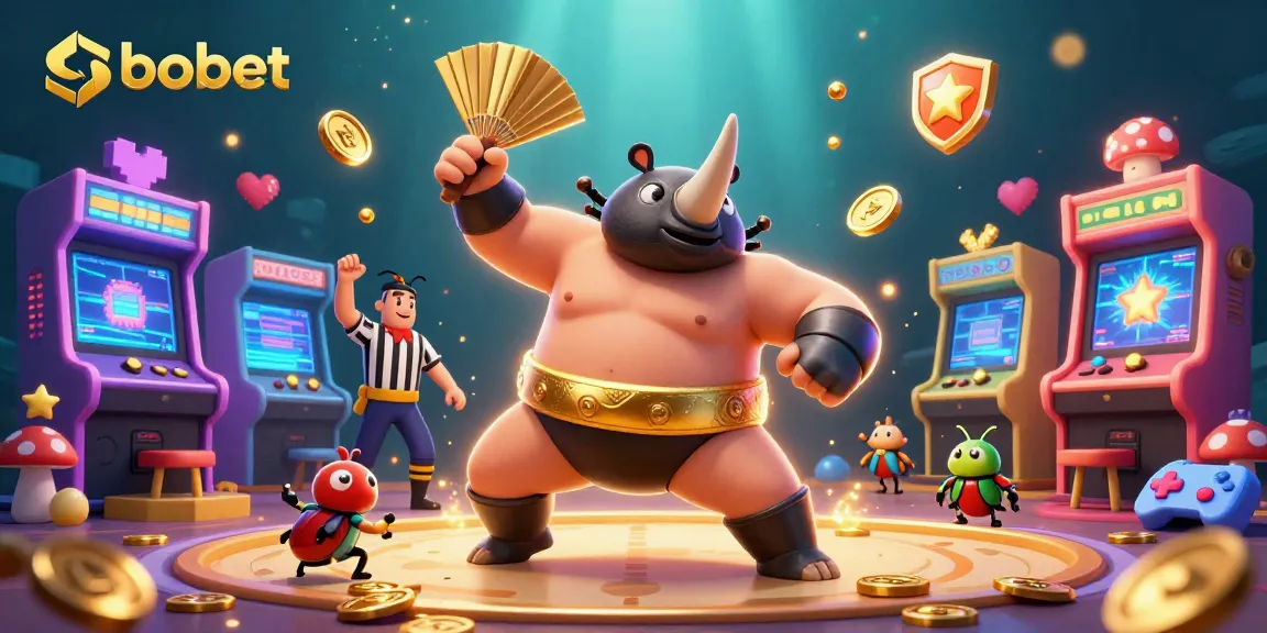 SboBet sports betting scene featuring a beetle sumo champion surrounded by golden coins and arcade elements