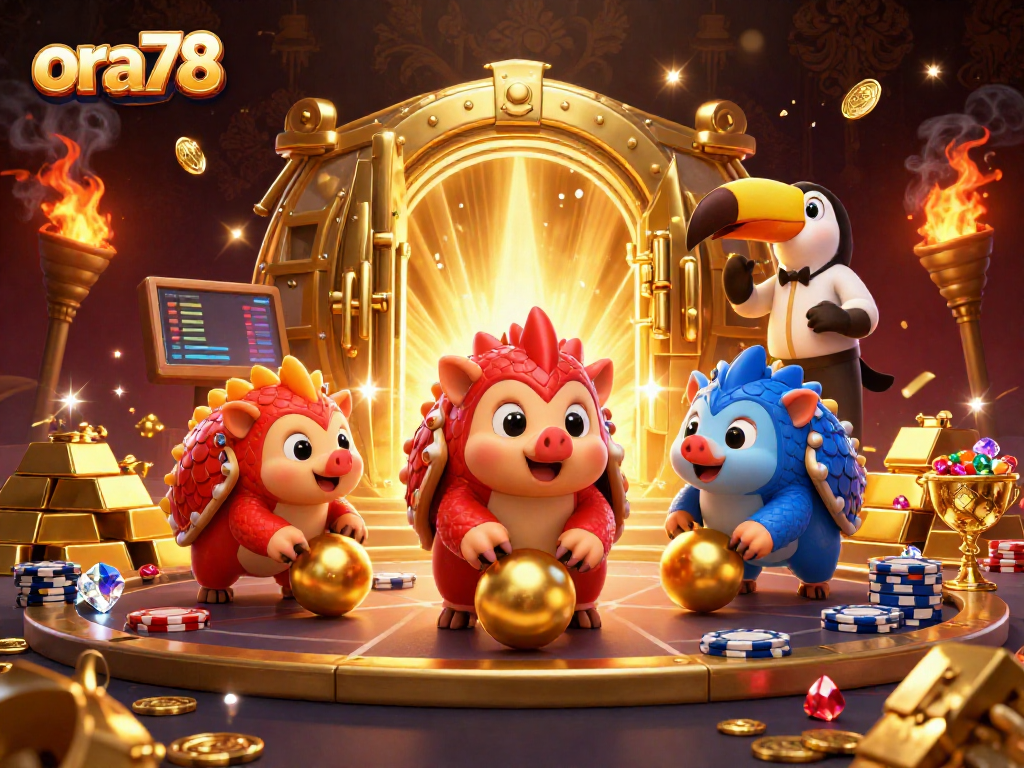 ora78 menghadirkan pertarungan seru pangolin bersenjata di antara tumpukan chip poker dan harta karun emas.