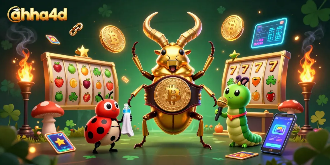 Bet on ahha4d with a thrilling 3D scene showcasing a giant beetle as a champion and vibrant slot elements.