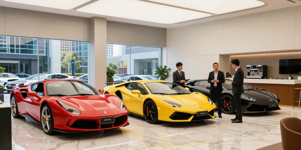 Showroom LUXURY 777 dengan mobil premium dan pelanggan berdiskusi.