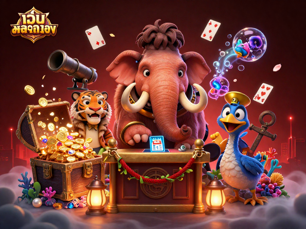 Engage in สล็อตเว็บตรง excitement with a woolly mammoth checking IDs at a vibrant casino scene.