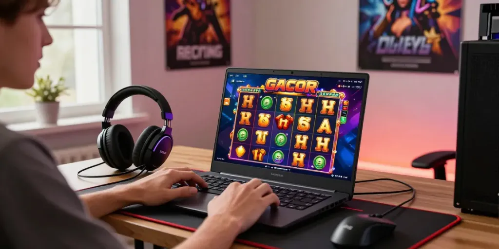 Pengguna menikmati pengalaman bermain SLOT GACOR di laptop dengan aksesoris gaming menarik.