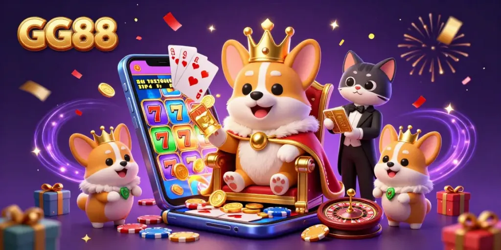 Engage with GG88's thrilling online casino adventure featuring a royal corgi and dynamic game elements.