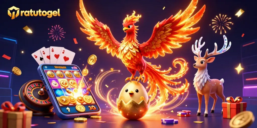 Mainkan ratutogel sambil melihat ilustrasi 3D phoenix yang memukau dan elemen kasino menarik.
